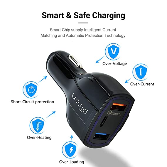 pTron Bullet Pro 36W PD Quick Charger, 3 Port Fast Car Charger Adapter